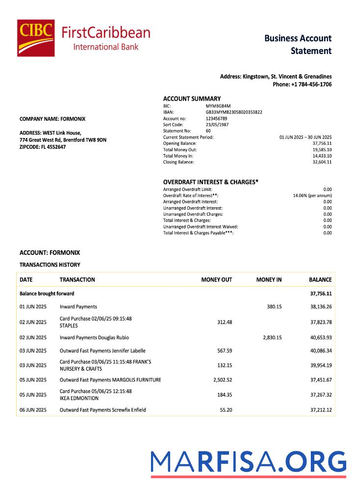 Blank Saint Vincent and The Grenadines Firstcaribbean International firm account statement Word and PDF template